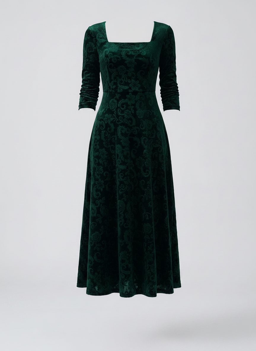 Delphine embossed velvet A-line midi dress, green