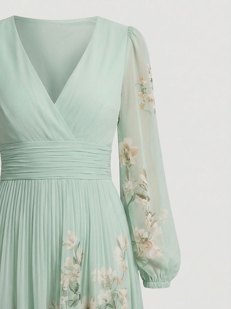 Freya dress detail, V-neck bodice and floral balloon sleeve
