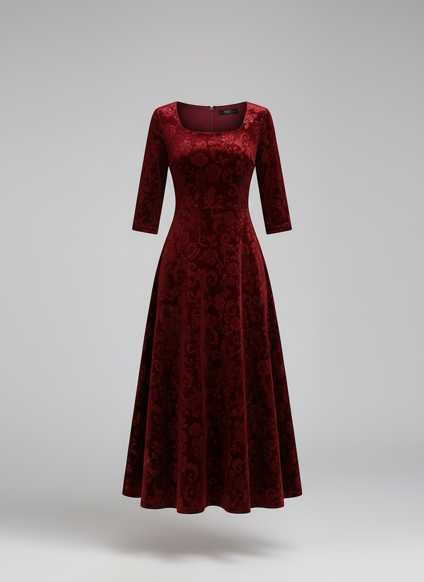 Delphine embossed velvet A-line midi dress, red