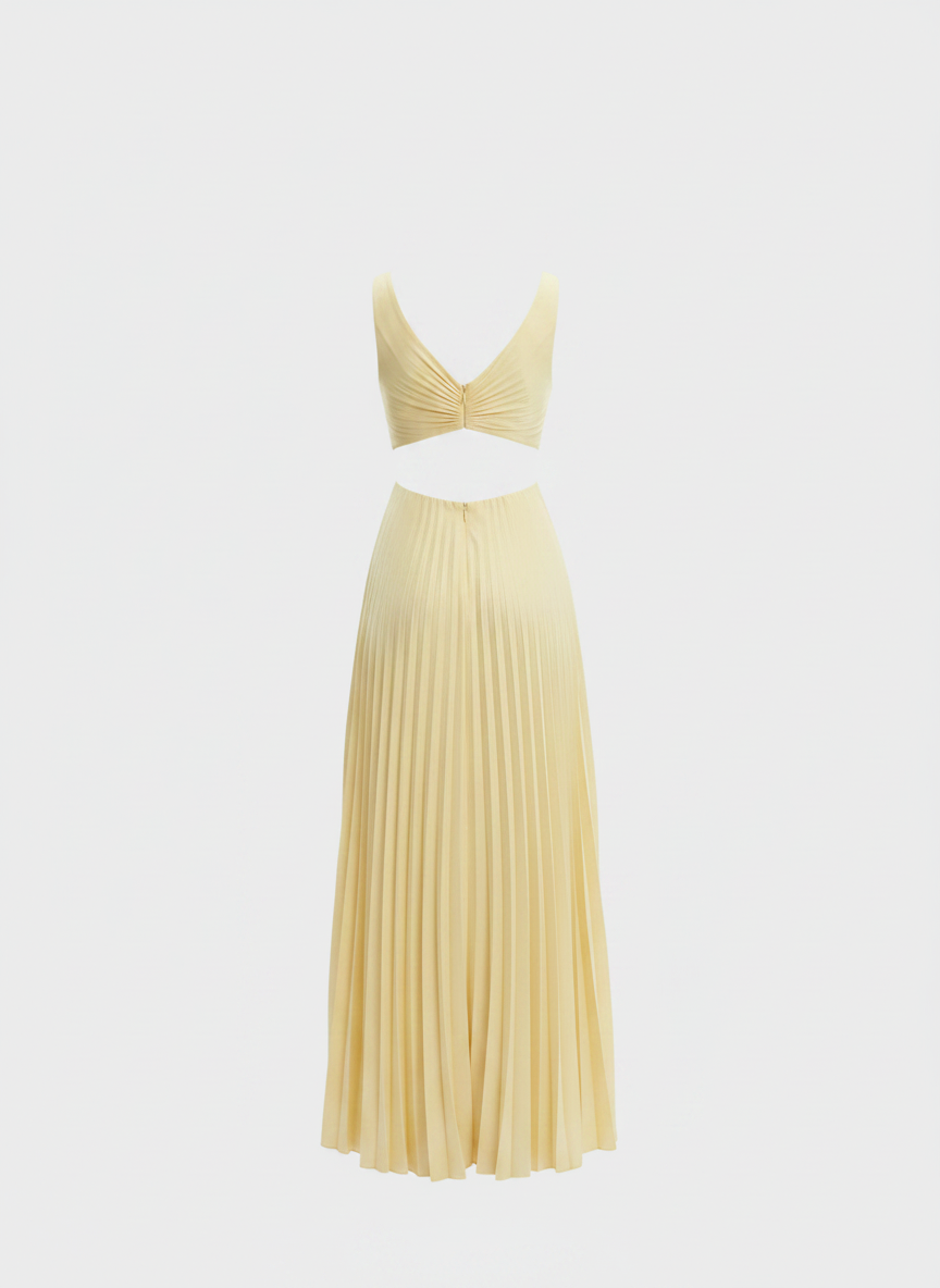 Maren pleated V-neck cutout summer dress in yellow, back