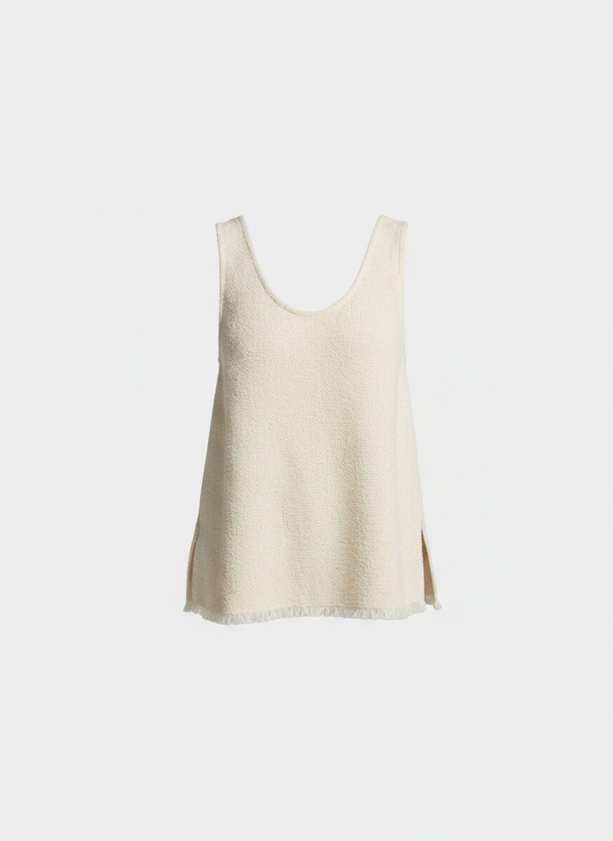 Women's Ramie Knit Tank Top Tassel Backless in Beige - front