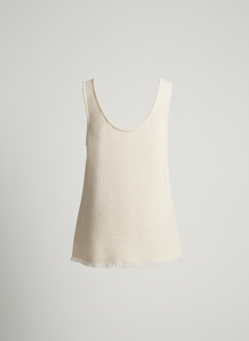 Women's Ramie Knit Tank Top Tassel Backless in Beige - back scoop detail