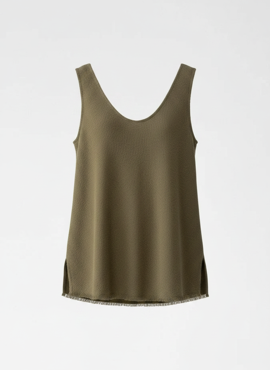 Women's Ramie Knit Tank Top Tassel Backless in Forest Green