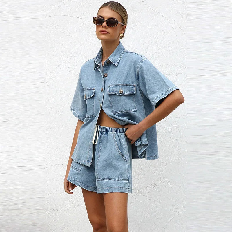 Leonie | Women's Denim Two Piece Short Sleeve Button Down Set