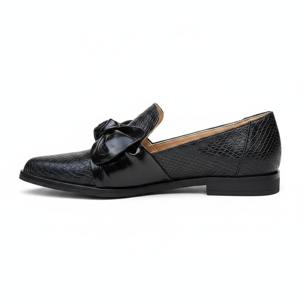Madelief | Women's Patent Bow Slip-On Loafers in Black