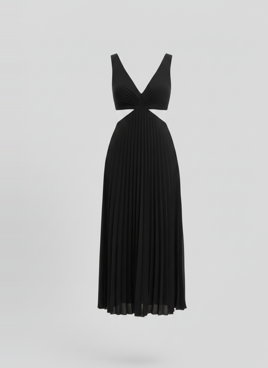 Maren pleated V-neck cutout summer dress in black
