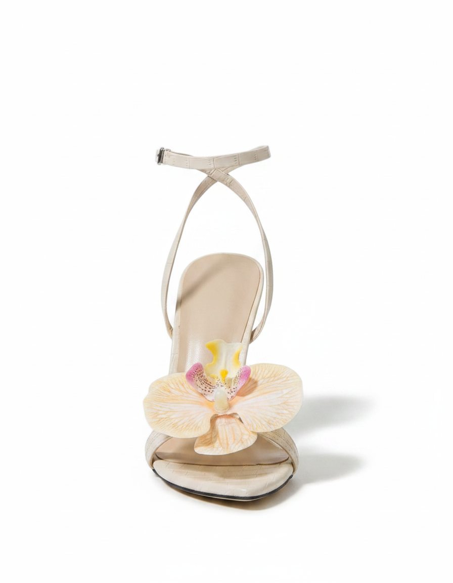 Oria | Women's Flower Strap Heeled Sandals in Natural