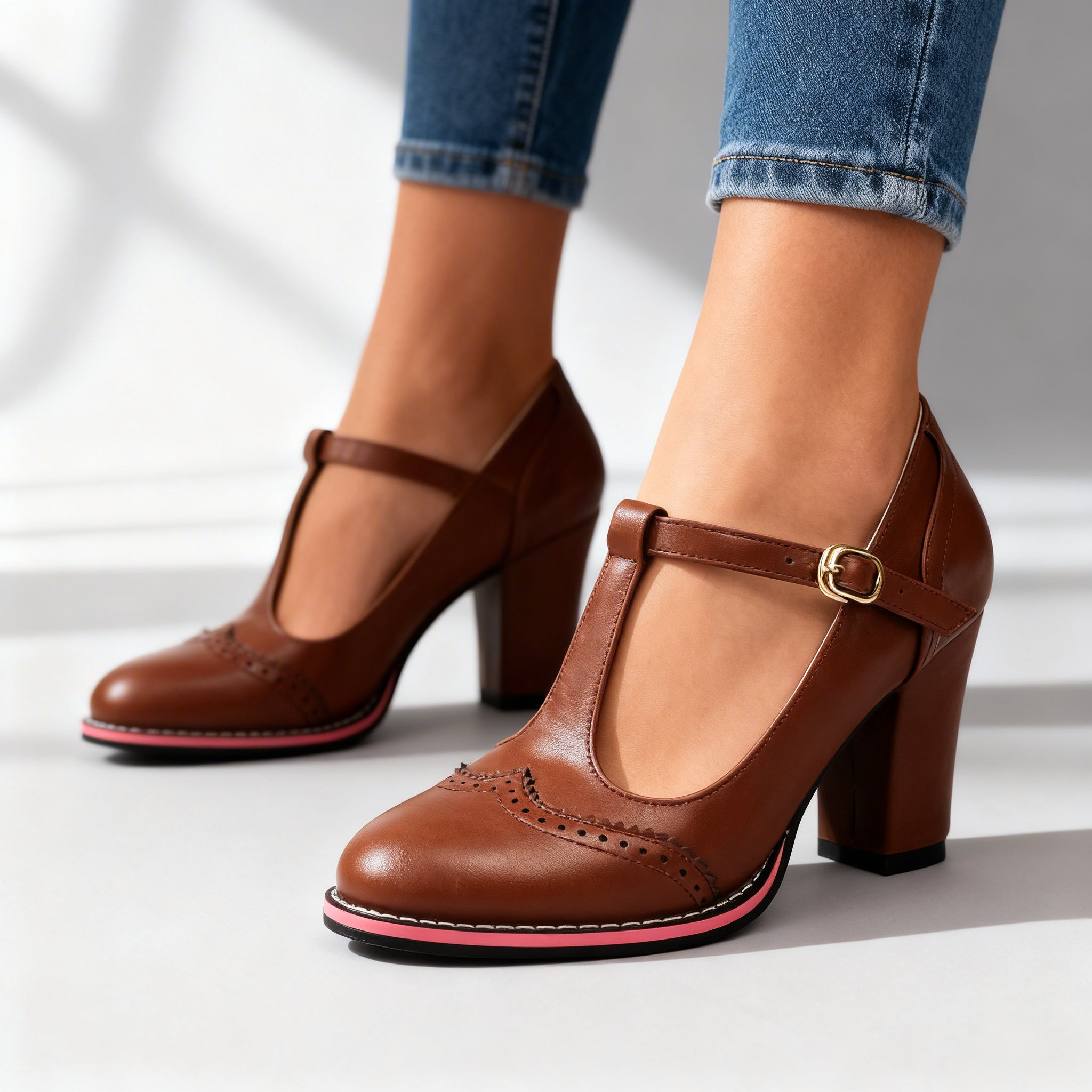 Ottavia | Women's T-Strap Brogue Block Heel Mary Jane