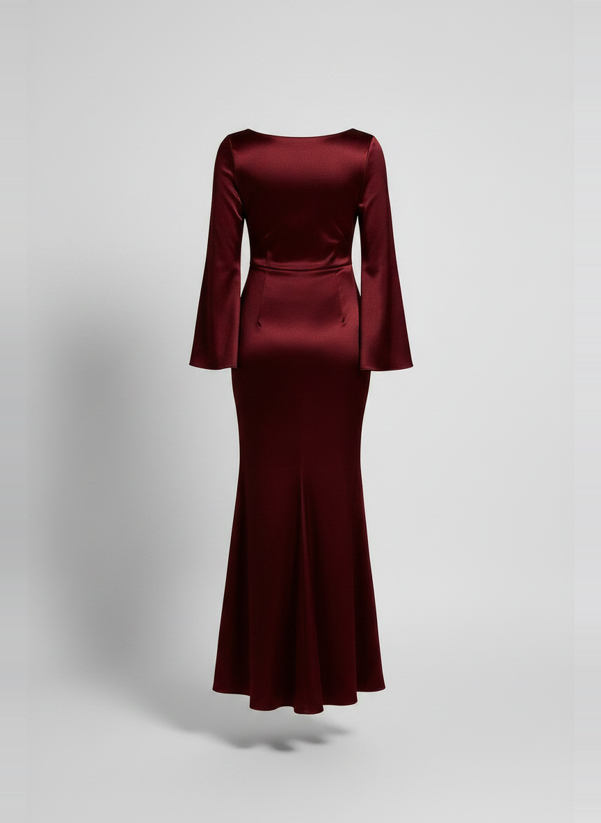 Phoebe satin fishtail maxi dress in dark red, back