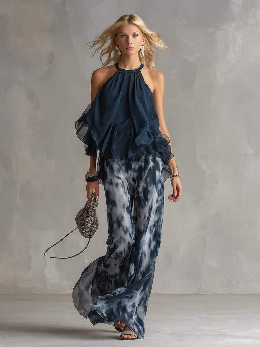 Tatum | Women's Halter Ruffle Top & Wide Leg Pants Set