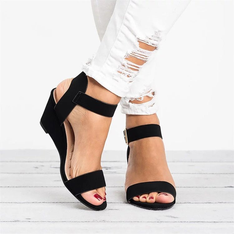 Scarlett | Women's Black Synthetic Wedge Ankle Strap Sandals