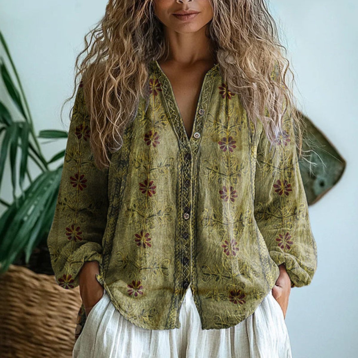 Cosette boho linen blouse in olive green, detail view
