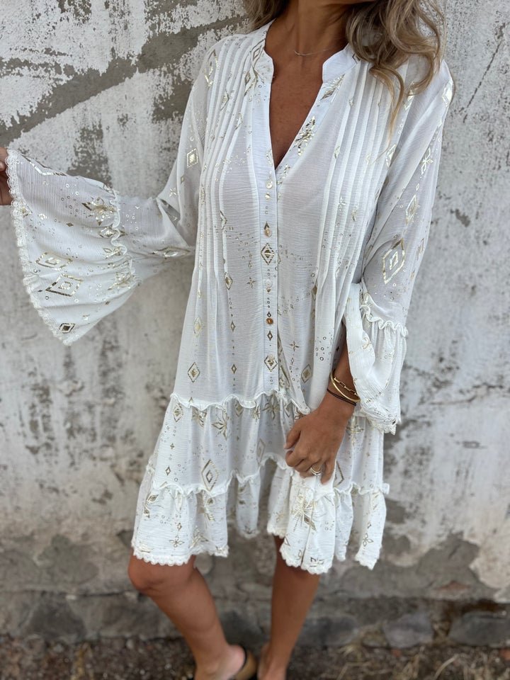 Willow | Women's Boho Tiered V-Neck Gold-Detail Midi Dress