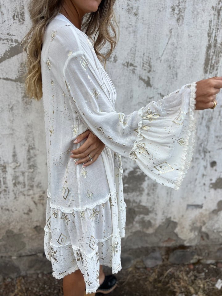 Willow | Women's Boho Tiered V-Neck Gold-Detail Midi Dress