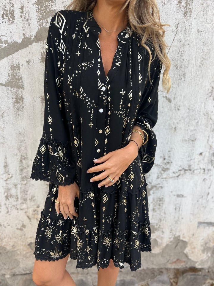 Willow | Women's Boho Tiered V-Neck Gold-Detail Midi Dress