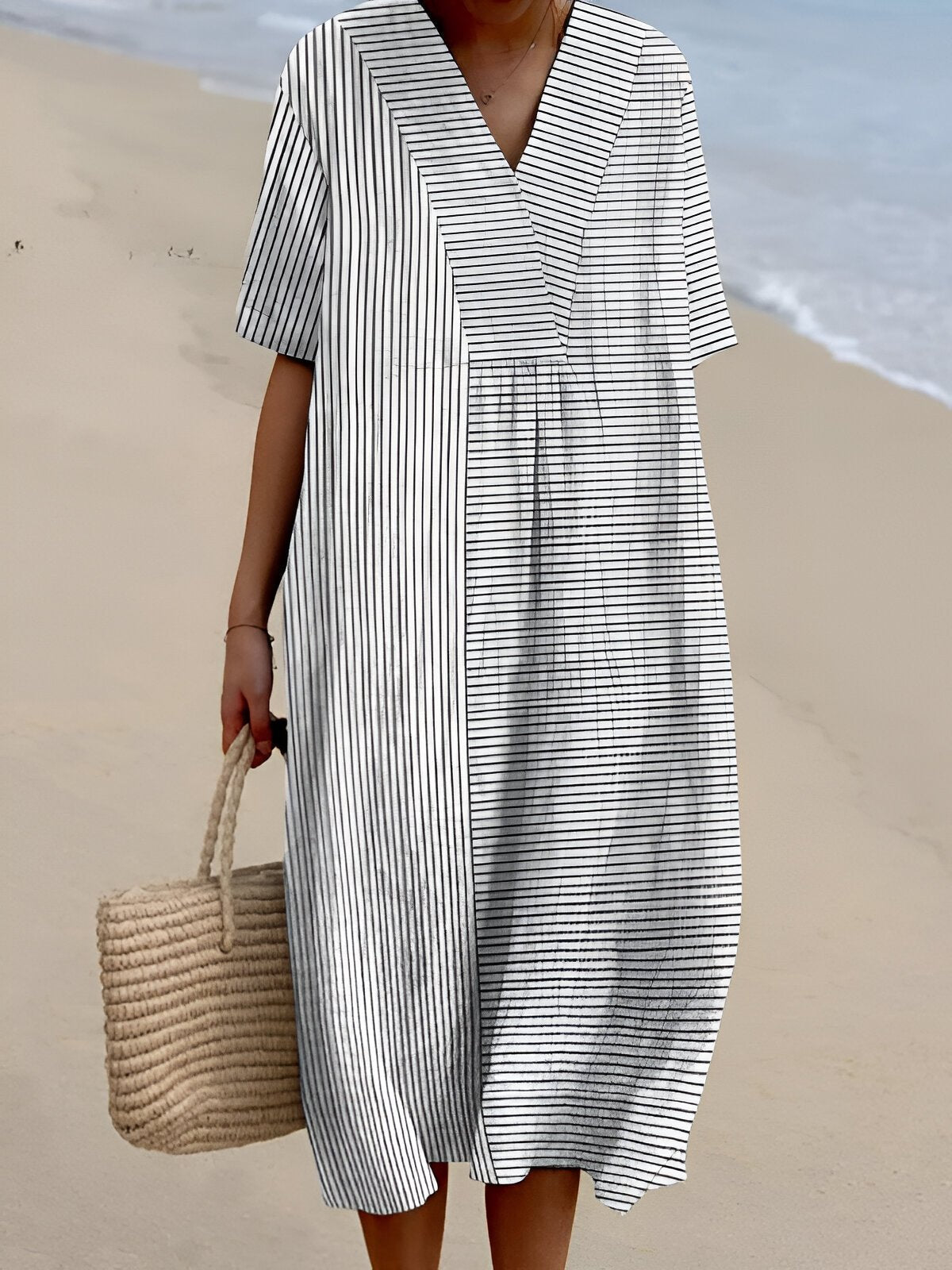 Florence | Women's Boho V-Neck Relaxed-Fit Striped Midi Dress