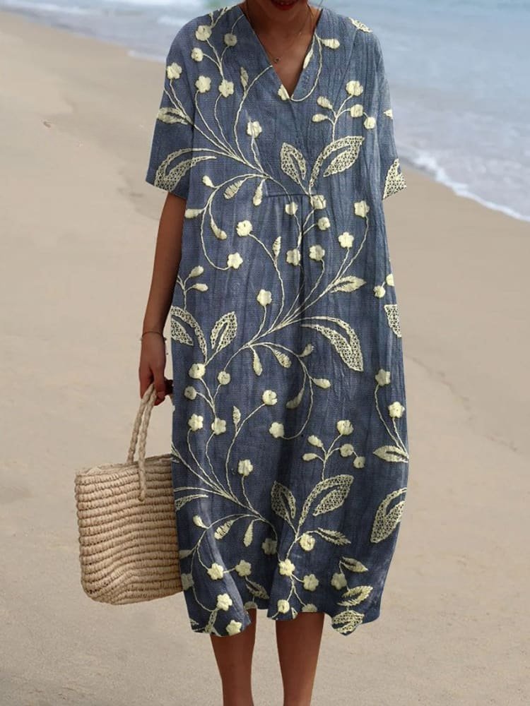 Florence | Women's Boho V-Neck Relaxed-Fit Striped Midi Dress