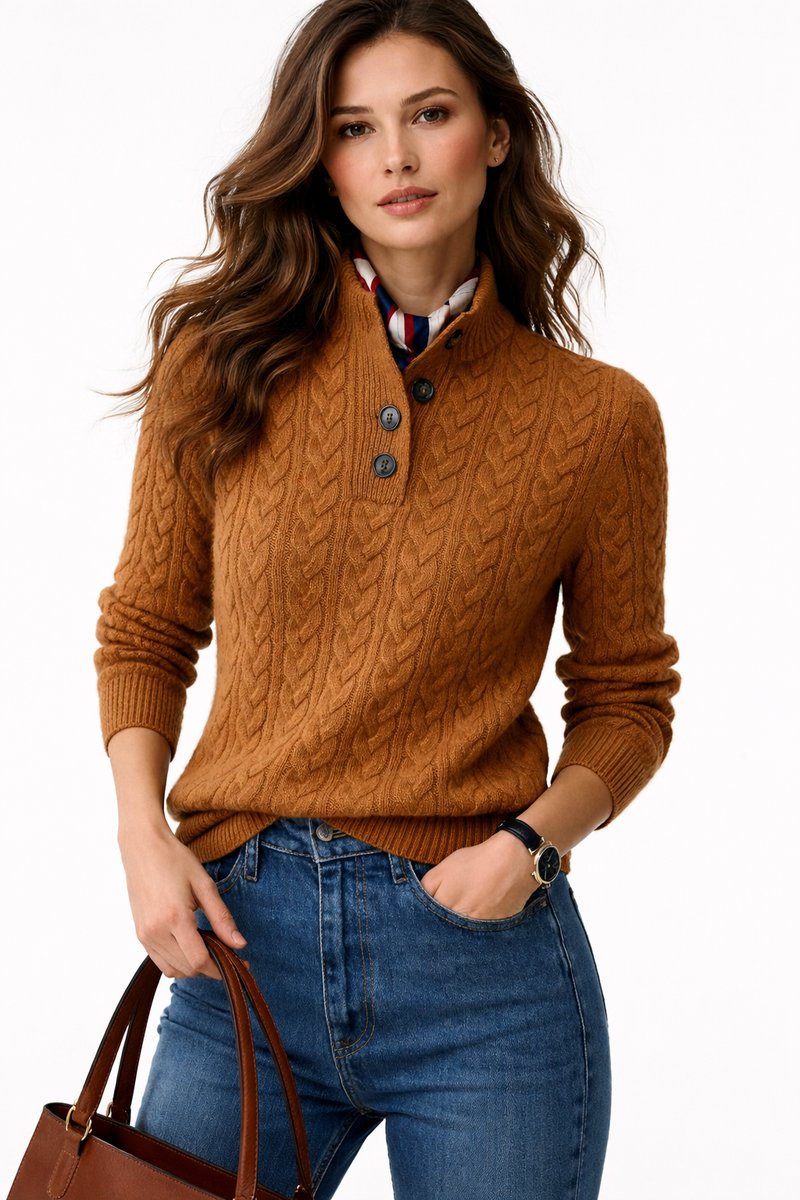 Henriette Cable Knit Mock-Neck Button Sweater detail, Brown colorway