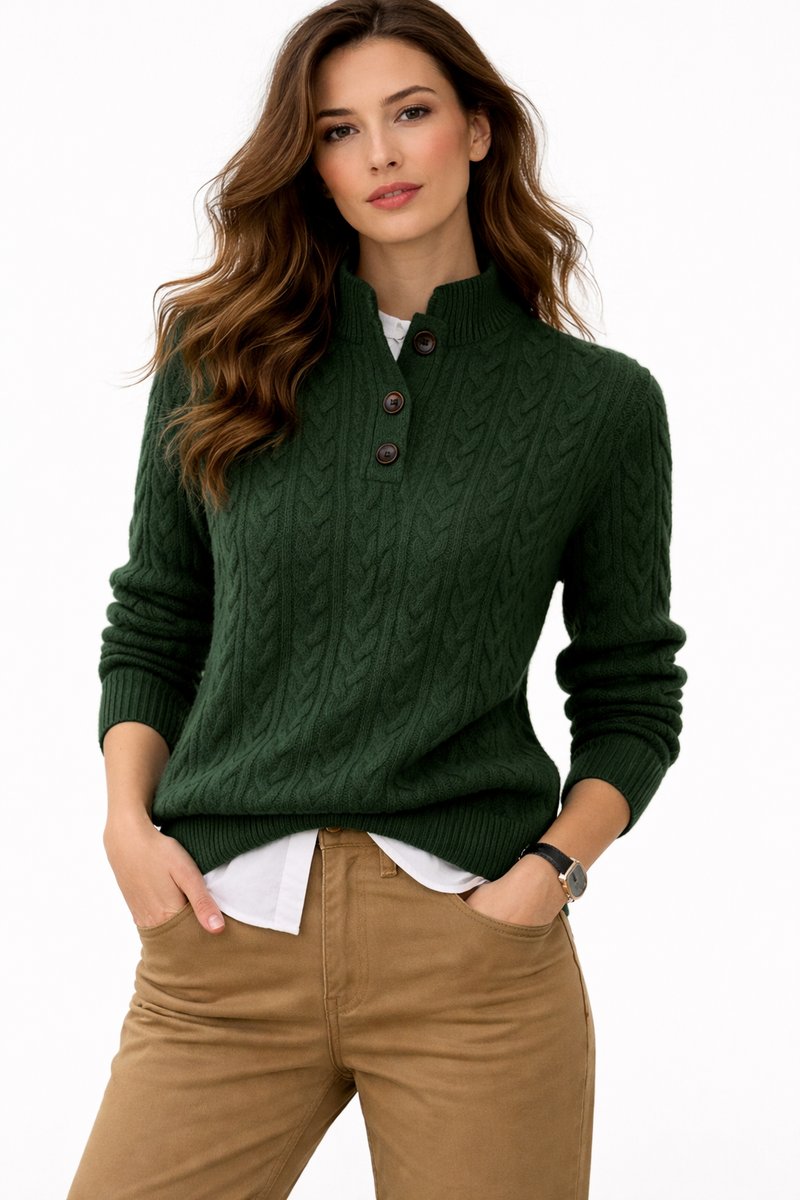 Henriette Cable Knit Mock-Neck Button Sweater detail, Green colorway