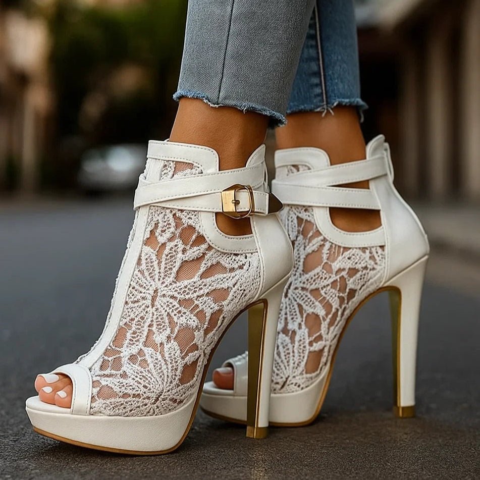 Rosalind floral lace peep-toe ankle-strap heels in ivory white, front view