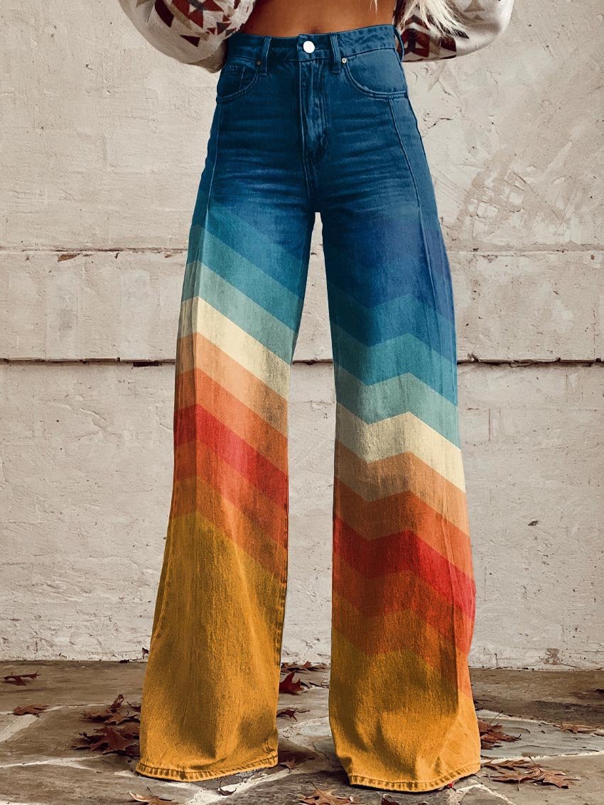 Ingrid women's retro chevron print wide-leg trousers front view