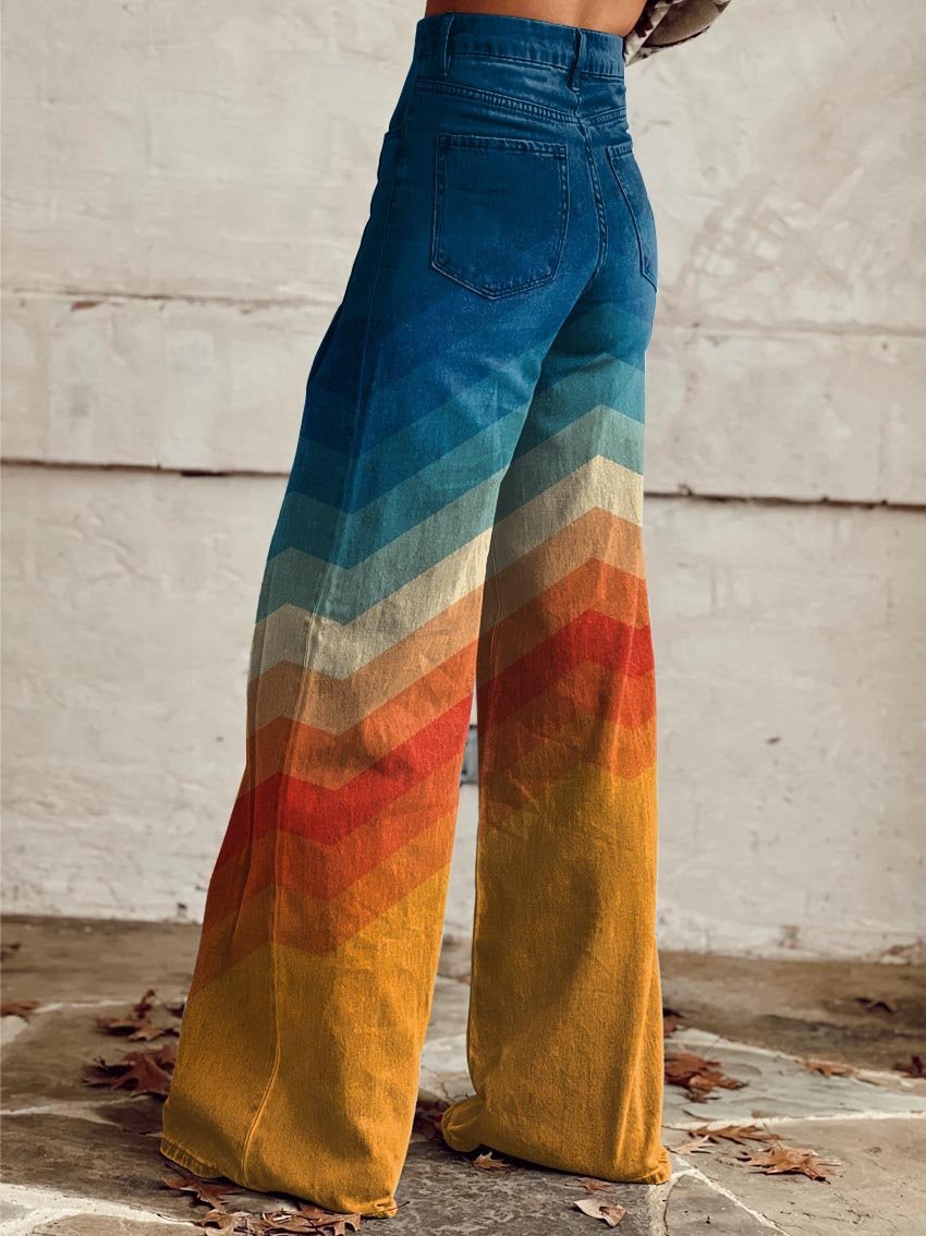 Ingrid women's retro chevron print wide-leg trousers back view