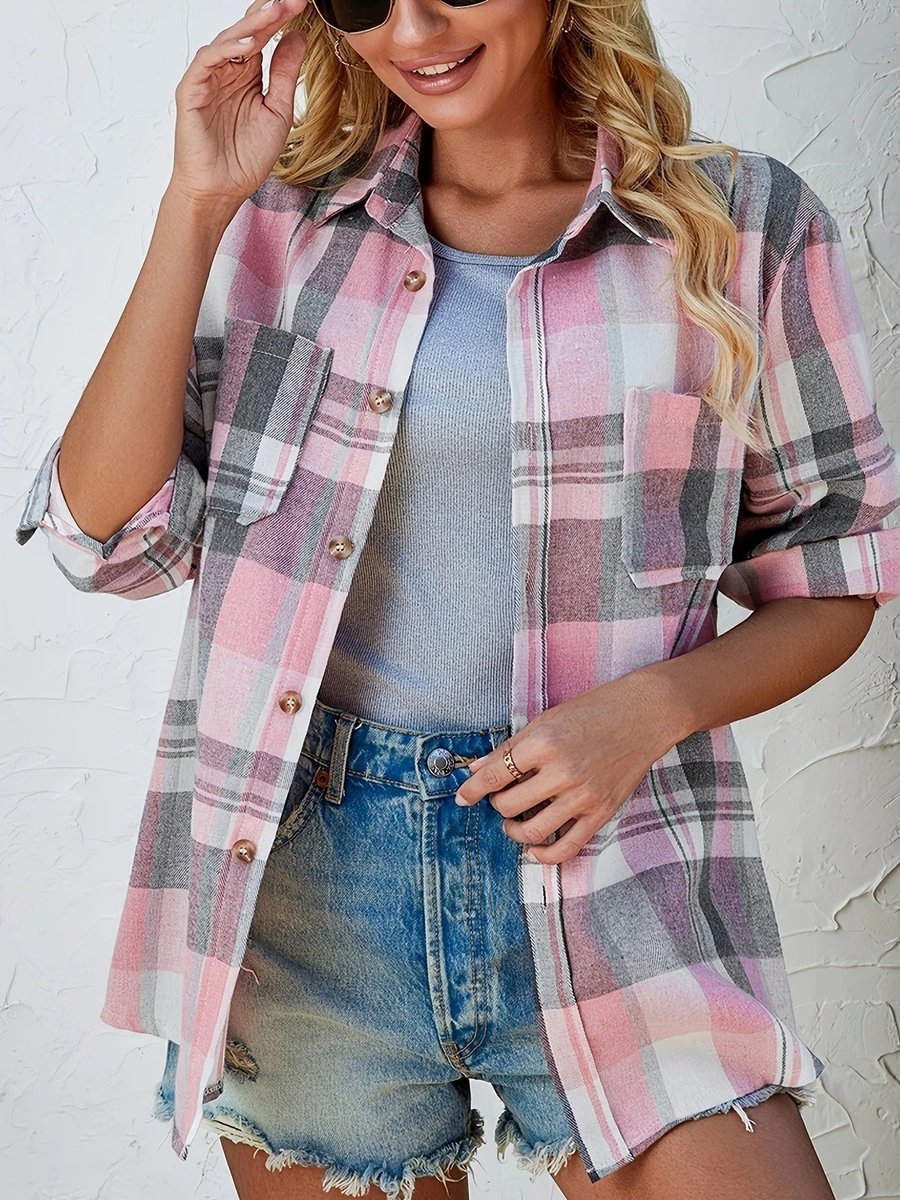 Philippa plaid flannel shirt cardigan fabric and fit detail