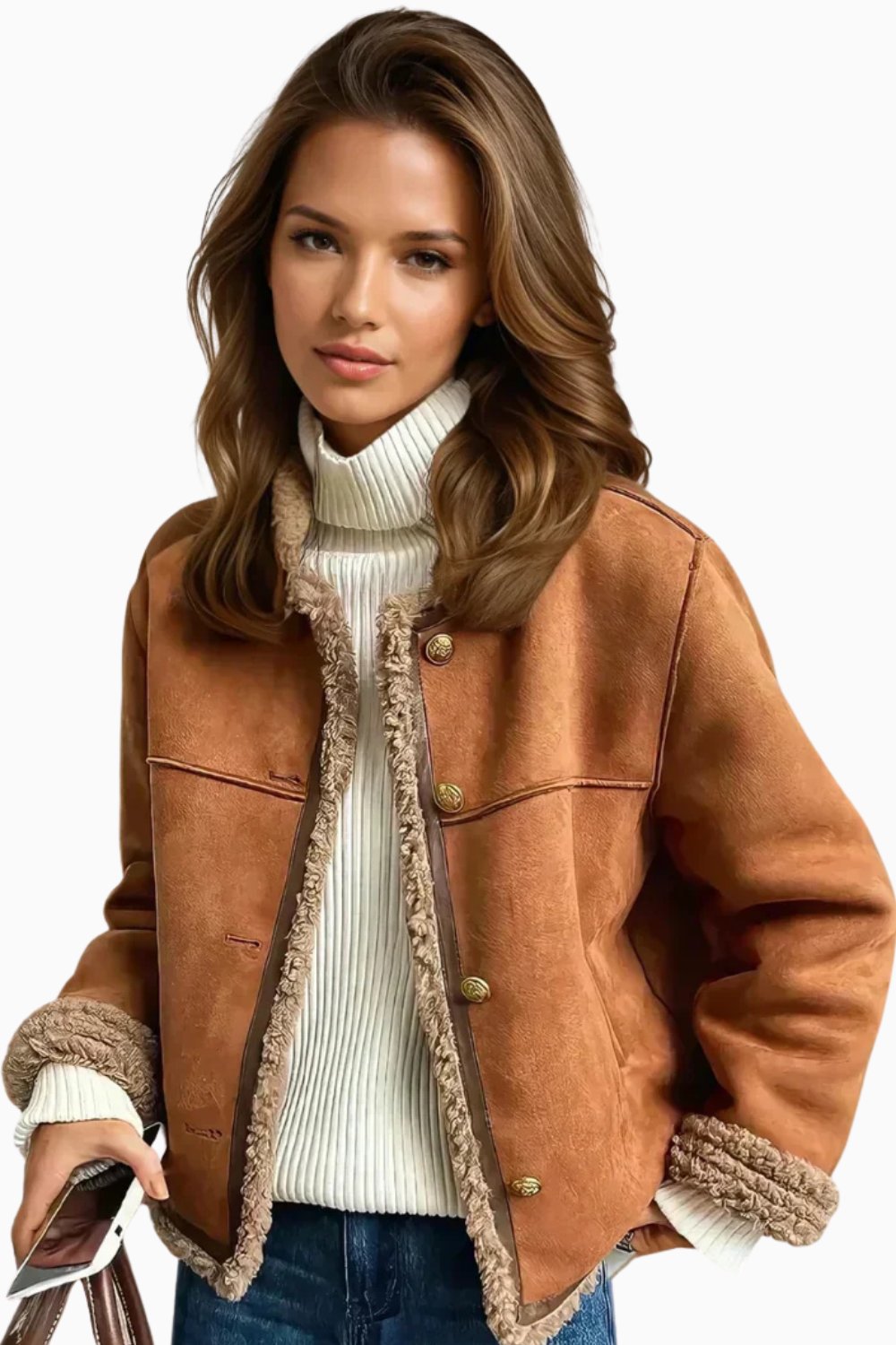 Tan faux shearling cropped jacket styled open over a cream turtleneck, front view