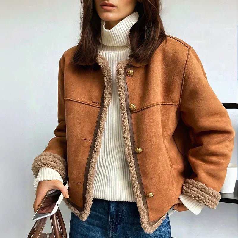 Faux shearling cropped jacket detail with gold-tone buttons and shearling trim
