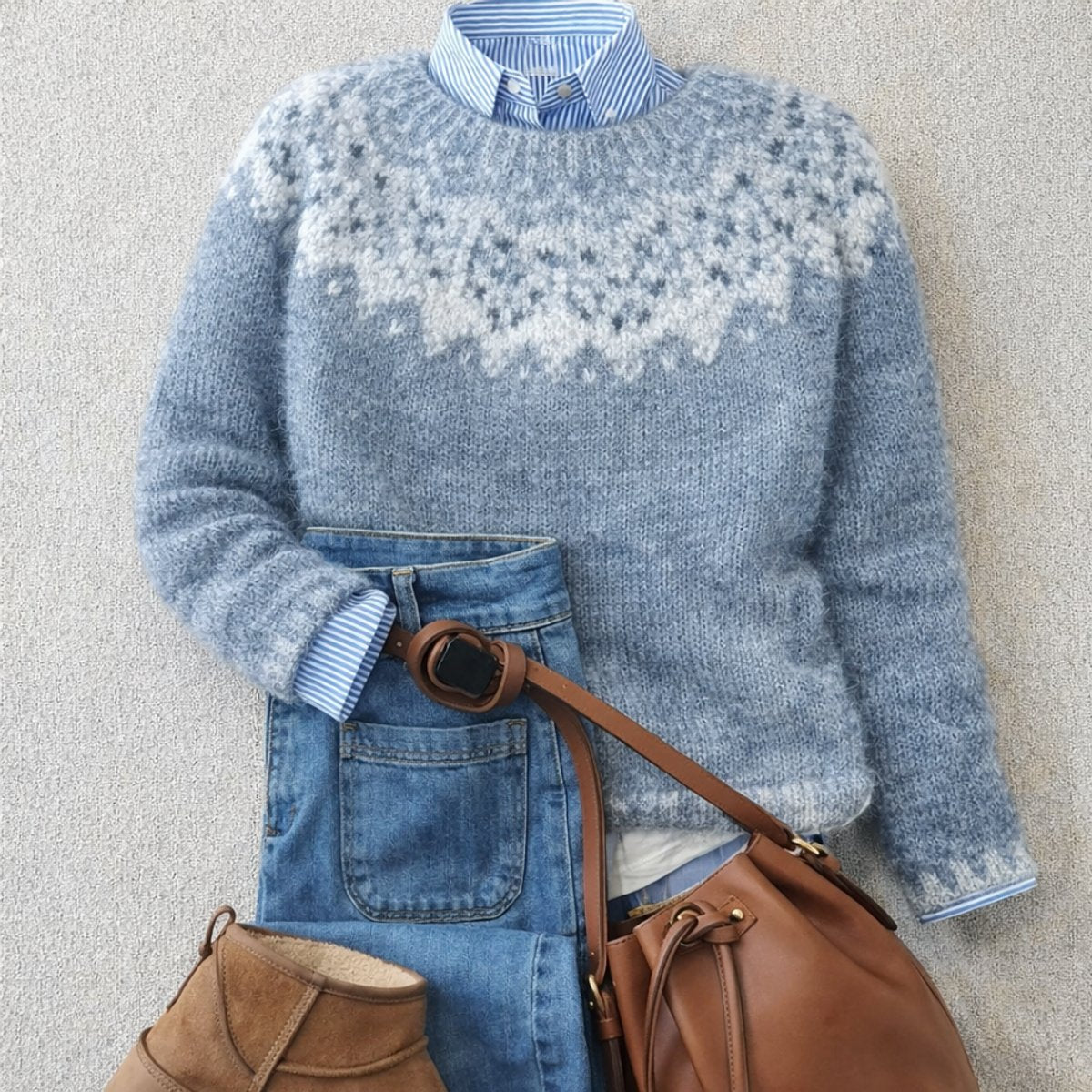 Clemence Fair Isle knit sweater flat-lay detail with styling
