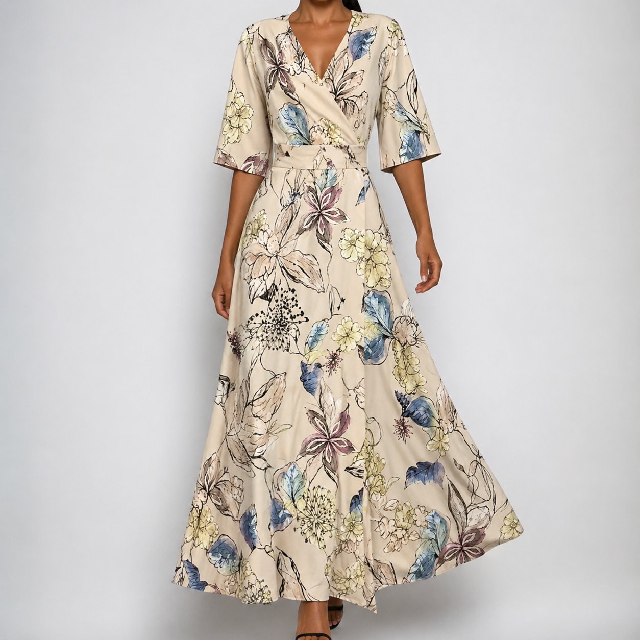 Florence | Women's Satin-Finish Floral Wrap V-Neck Belted Maxi Dress
