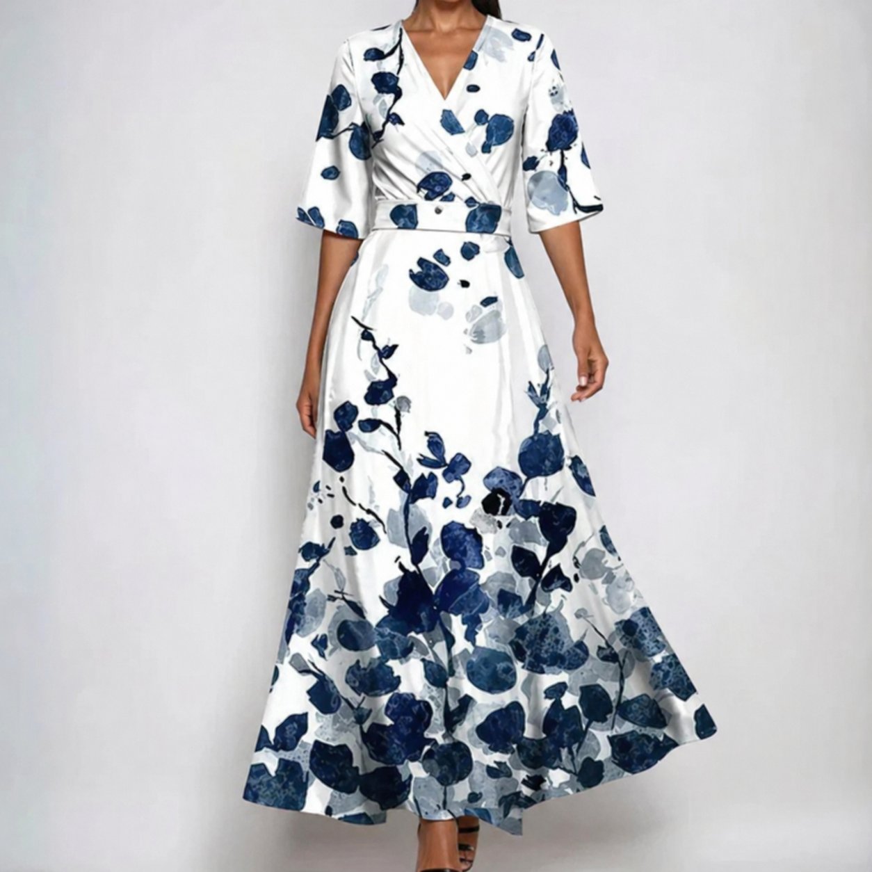 Florence | Women's Satin-Finish Floral Wrap V-Neck Belted Maxi Dress