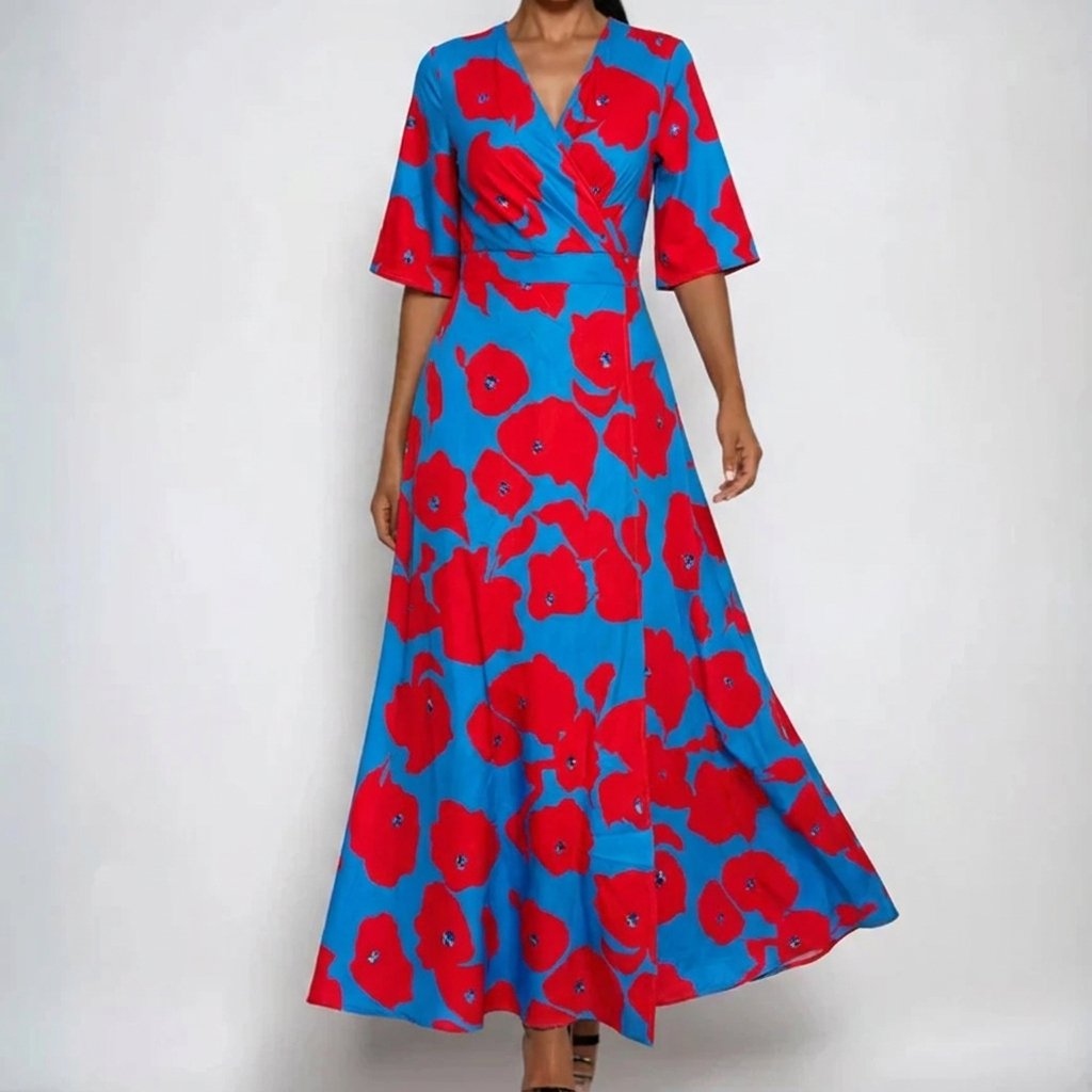 Florence | Women's Satin-Finish Floral Wrap V-Neck Belted Maxi Dress
