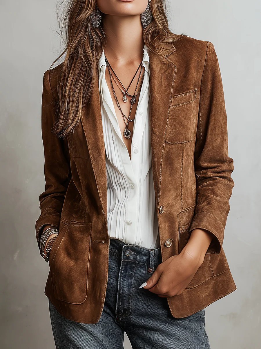 Brown faux suede single-breasted blazer, front detail
