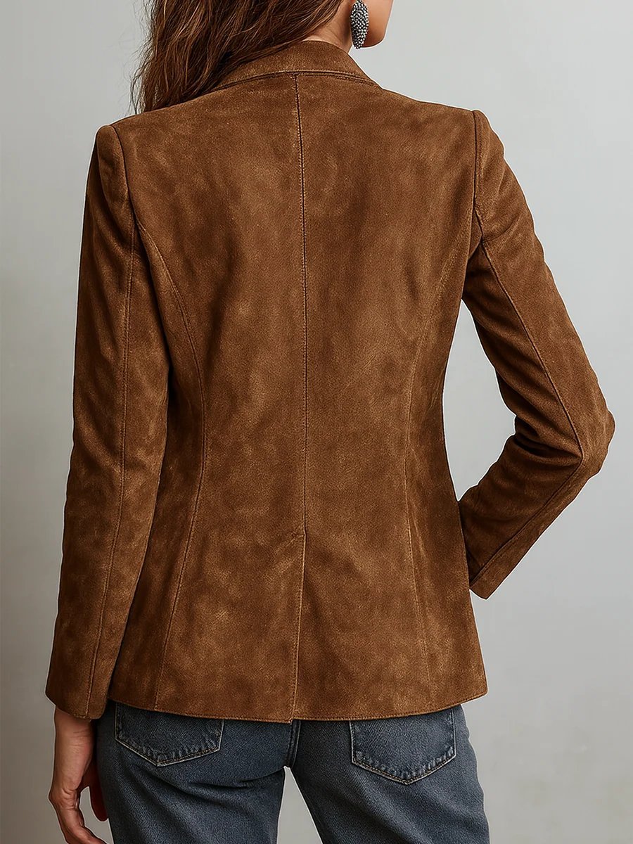 Brown faux suede single-breasted blazer, back view