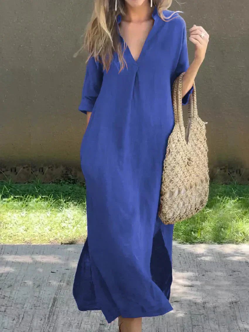 Annelise linen blend maxi dress in blue