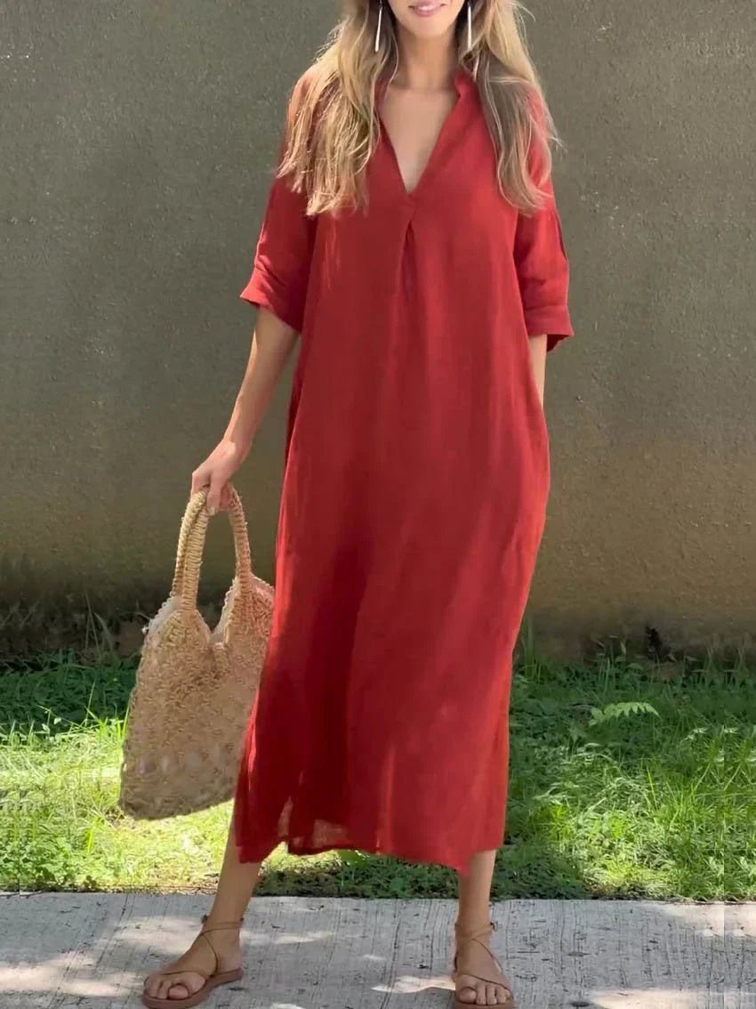 Annelise linen blend maxi dress in red, alternate full-body view