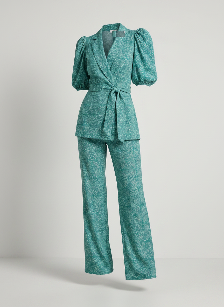 Zella green puff sleeve wide leg pants two piece set front