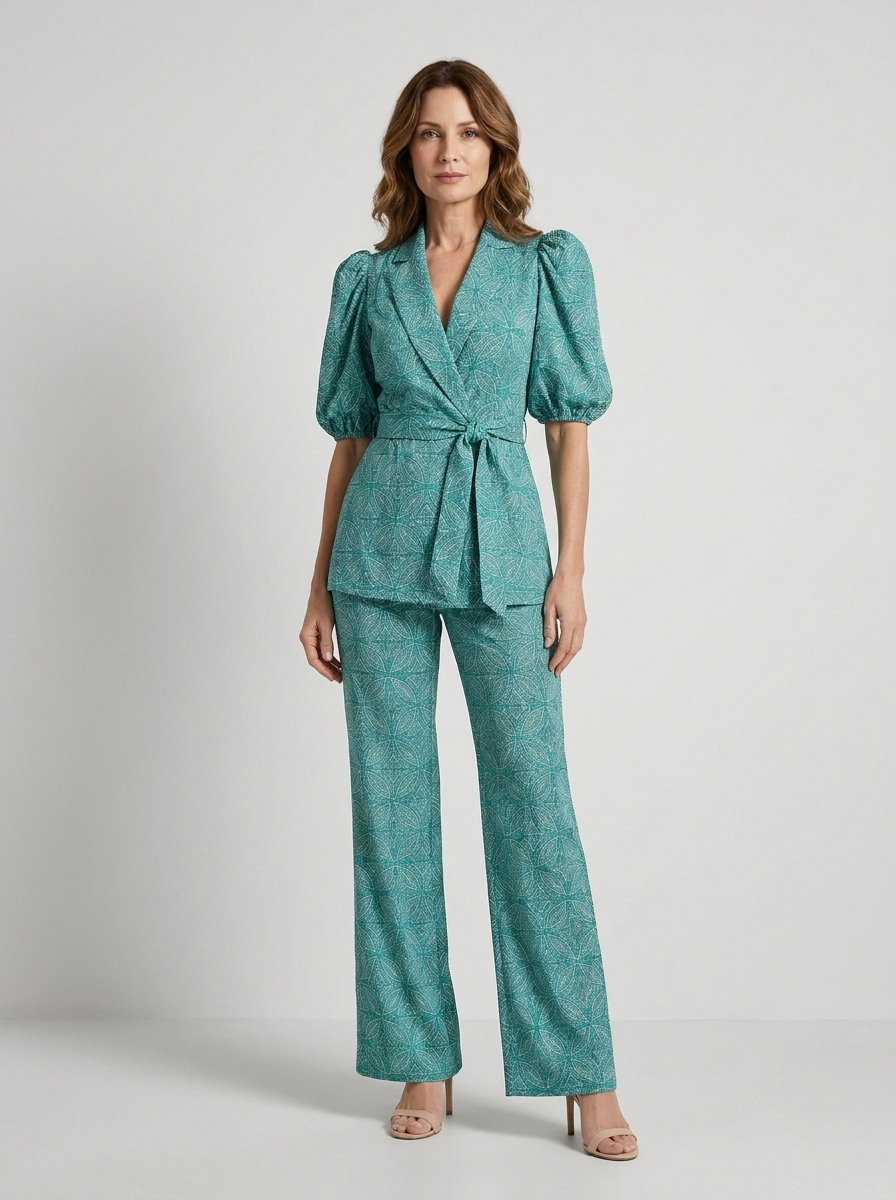 Woman wearing Zella green puff sleeve two piece set front