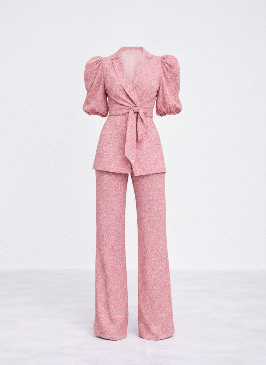 Zella pink two piece set puff sleeve wide leg pants front