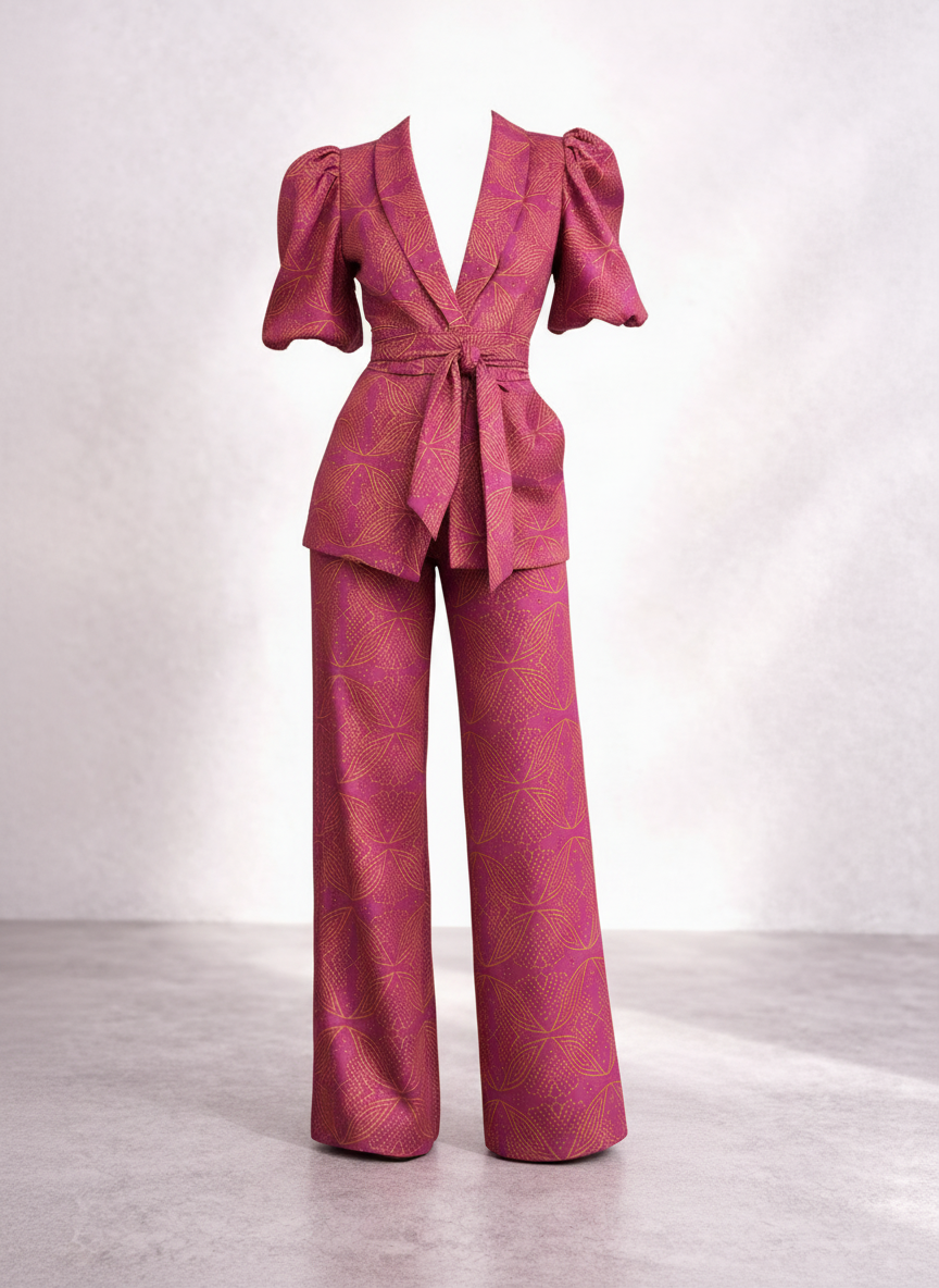 Zella red two piece set puff sleeve wide leg pants front